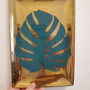 Monstera plant print trinket tray, good condition, green and gold